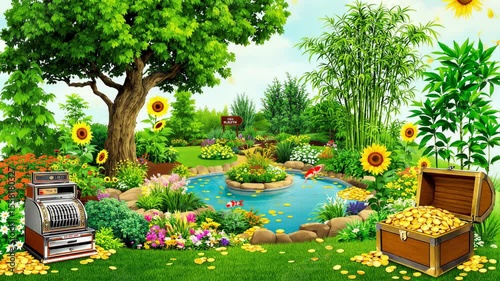 Lush garden scene with koi pond, sunflowers, a vintage cash register, and treasure chests overflowing with gold coins scattered on the vibrant green grass