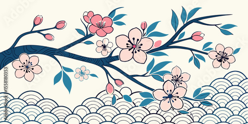 Old-style Japanese watercolor pattern with pretty flowers that repeats smoothly for classic Asian abstract floral backgrounds in white background vector illustration.