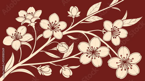 Old-style Japanese watercolor pattern with pretty flowers that repeats smoothly for classic Asian abstract floral backgrounds in dark red  background vector illustration.