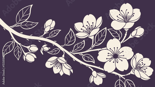 Old-style Japanese watercolor pattern with pretty flowers that repeats smoothly for classic Asian abstract floral backgrounds in dark purple  background vector illustration.