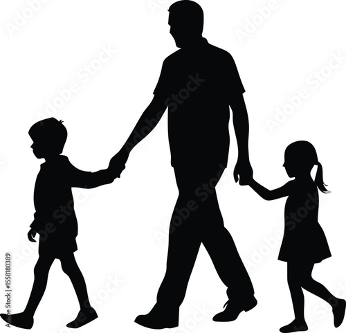 Silhouette of a Father Walking with His Son and Daughter Holding Hands