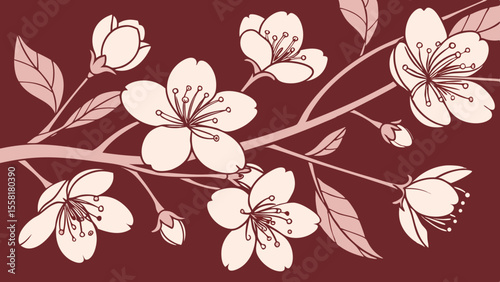 Old-style Japanese watercolor pattern with pretty flowers that repeats smoothly for classic Asian abstract floral backgrounds in dark red  background vector illustration.