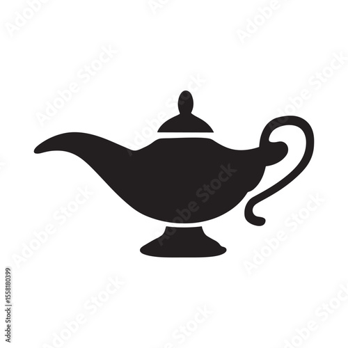 Classic black silhouette of a genie lamp with a curved spout and handle isolated on a clean white background evoking magic and wishes isolated on white background