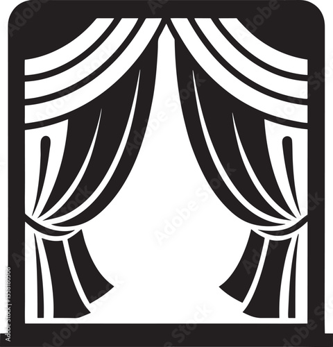 Theatrical stage curtains opening to reveal a blank space silhouette isolated on white background