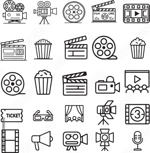 Movie & Film Line Icons Pack   Cinema, Camera, Reel, Clapper, Popcorn