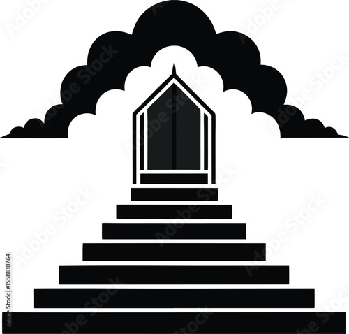 Black silhouette of a grand staircase leading to a doorway framed by clouds isolated on white background