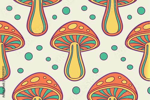 Psychedelic Mushroom Pattern Colorful, Retro-Style Fungi Illustration