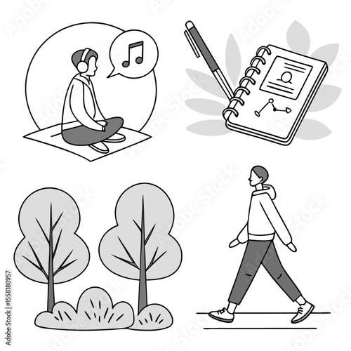 Four panels showing a person meditating, a notebook, trees, and a person walking on the sidewalk