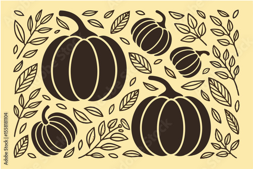 Autumn Harvest Pumpkins, Gourds & Fall Leaves Illustration