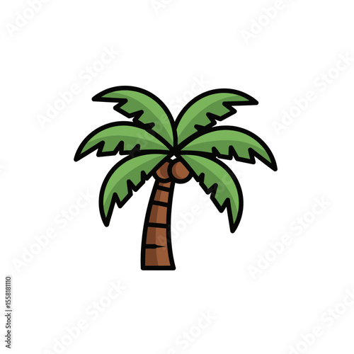 Lush green fronds and brown trunk define this tropical island coconut palm tree icon simple flat design illustration perfect for summer beach vacation themes
