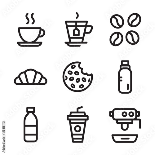 Collection of nine simple black line art icons representing breakfast and beverage items including coffee cup tea cup coffee beans croissant cookie water bottle takeaway cup and coffee machine isolate