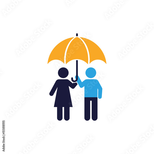 Abstract minimalist illustration of a man and woman under a protective yellow umbrella symbolizing insurance security safety and care on a white background clean graphic icon style