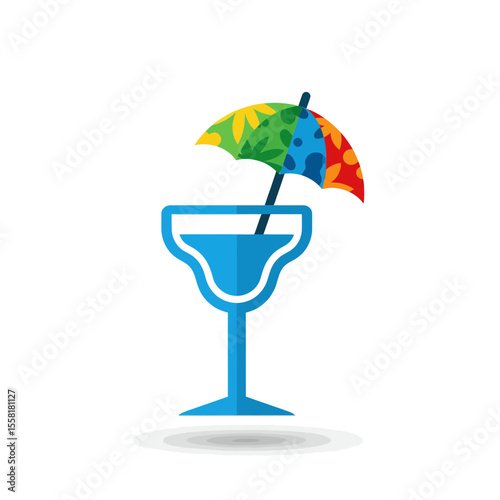 Stylized Blue Cocktail Drink in Margarita Glass with Colorful Decorative Umbrella Flat Isolated Vector Graphic Icon for Summer Vacation Party Relaxation Symbol