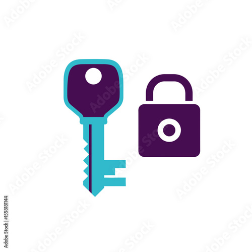 Vibrant graphic illustration portraying the concept of digital security and authorized access featuring a stylized key alongside a secure padlock icon for data protection and