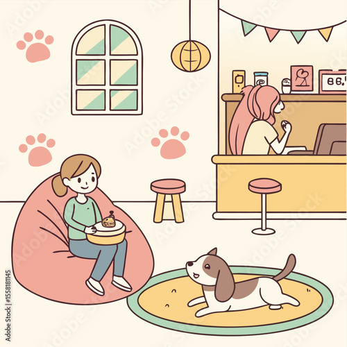 Illustration of a woman on a beanbag chair with a dog and another woman at a counter with a laptop