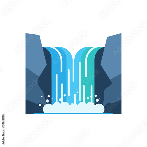 Clean vector illustration of a stunning natural waterfall cascade rushing between towering mountain cliffs symbolizing environmental beauty water flow and serene landscape design
