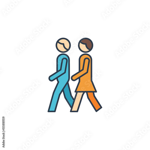 Simple iconic illustration of two abstract people walking forward together side by side symbolizing partnership movement journey and human progress towards a shared goal