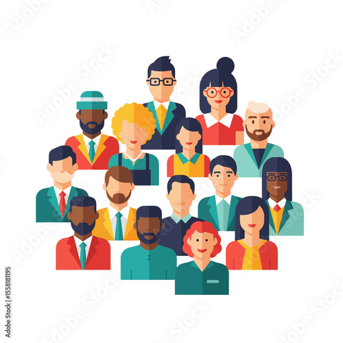 Professional flat design illustration featuring a diverse community of multiethnic people avatars representing global network social connections and inclusive team collaboration