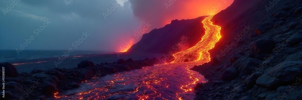 Fototapeta premium Fiery River of Molten Rock Dramatic Lava Flow on a Hawaiian Volcano Slope