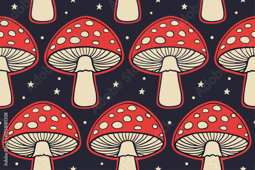 Red and White Spotted Mushrooms Seamless Pattern A Dark Night Design