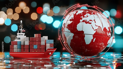 Container Ship Floating on Water Surrounded by a Global Network of Colors and Lights