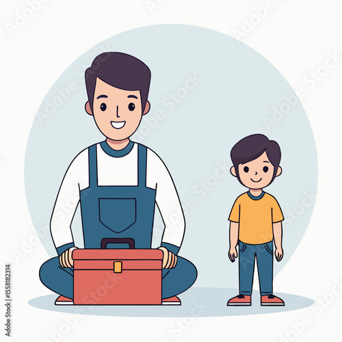 Happy Father and Son Cartoon Illustration Father Sitting with Toolbox Son Standing Beside Him