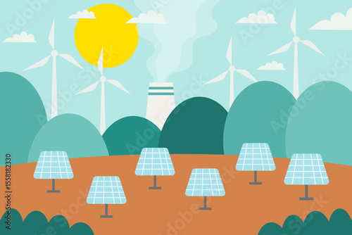landscape illustration with solar panel, wind turbine, and nuclear