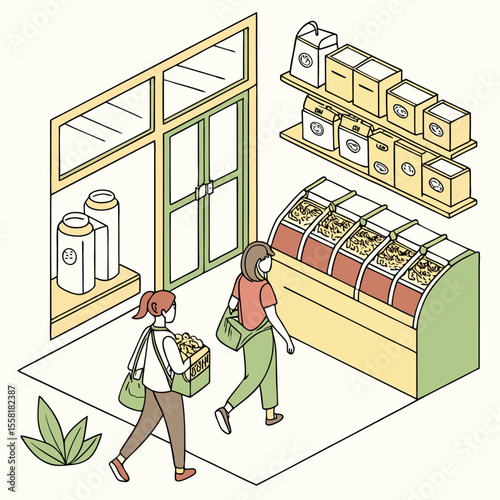 Two women shopping at a zero waste store with shelves of products and a display case of food items