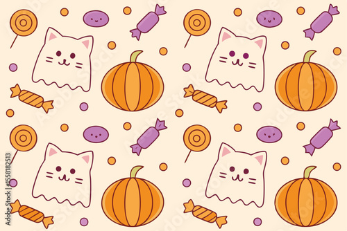 Adorable Playful Autumn Halloween Seamless Print Cute Cat Ghosts & Pumpkins