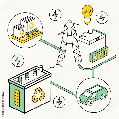 Isometric illustration of energy generation and distribution network with electric car and battery
