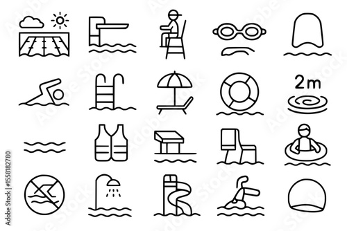 Swimming Pool & Aquatic Activities Line Icons: Summer, Recreation & Water Sports Vector Set