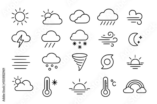Weather Forecast & Climate Line Icons: Sun, Clouds, Rain & Storm Vector Set