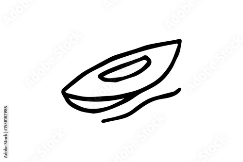 The kayak is depicted from a top-side angle with an open cockpit, and a curved line beneath it represents water movement.