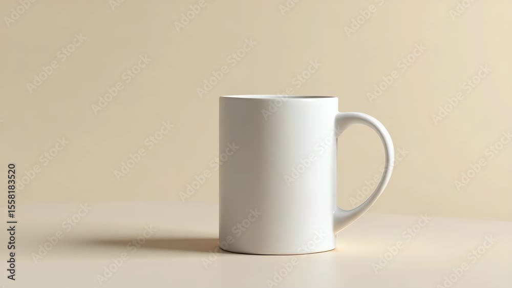 A plain white ceramic mug is placed on a neutral beige background with soft lighting. A plain white ceramic mug is placed on a neutral beige background with soft lighting.