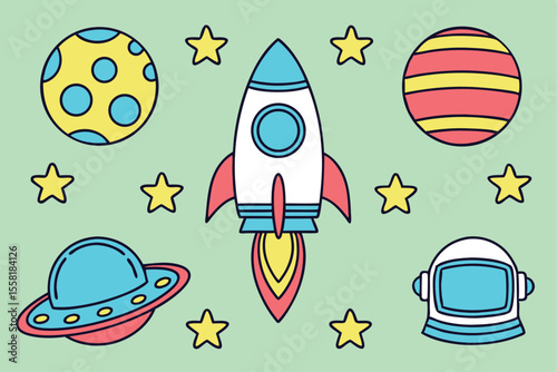 Space Theme Vector Illustration Set Rockets, Planets, and UFOs