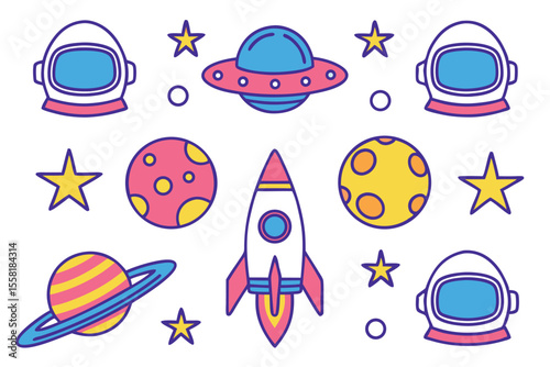 Cute Space-Theme Vector Illustration Set Planets, UFOs, Astronauts