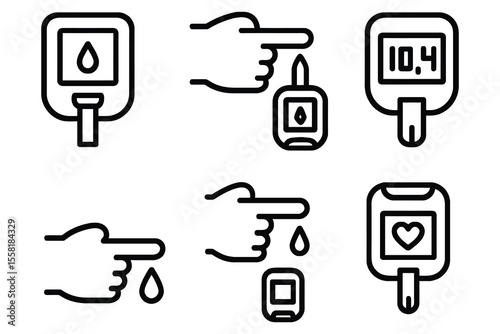 Set of six line art icons representing blood glucose monitoring isolated on white background