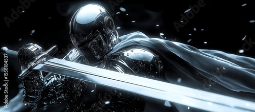 Knight in shiny silver armor and a large sword in his hands. Illustration on the theme of history comics and fantasy.