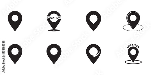 Collection of eight black location pin icons marker
