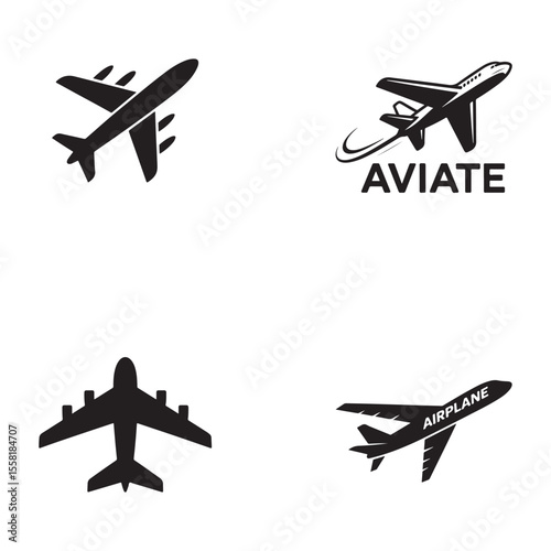 Four black airplane icons on white background aircraft 1
