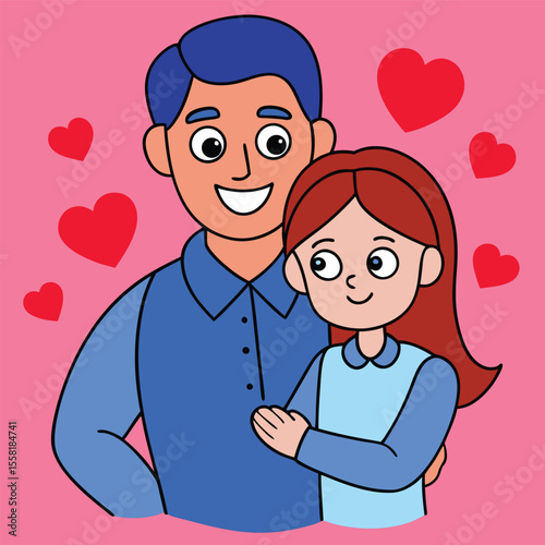 Happy Father and Daughter Embrace with Hearts Surrounding Them