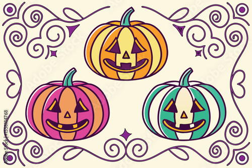 Spooky Jack-o'-Lanterns Colorful Pumpkins Halloween Illustration