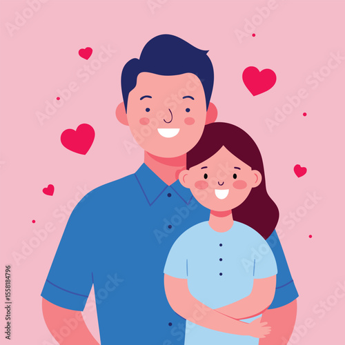 Happy Father and Daughter Embracing with Hearts Surrounding Them