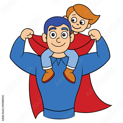 Super Dad Cartoon Illustration Strong Father Superhero Child on Shoulders