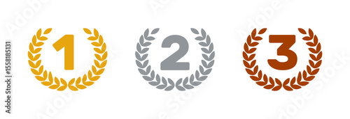 1st 2nd 3rd place awards, golden silver bronze wreaths, winner trophy, flat vector icons set