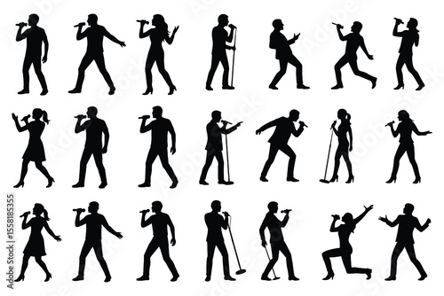 Collection of silhouettes of singers performing with microphones isolated on white background