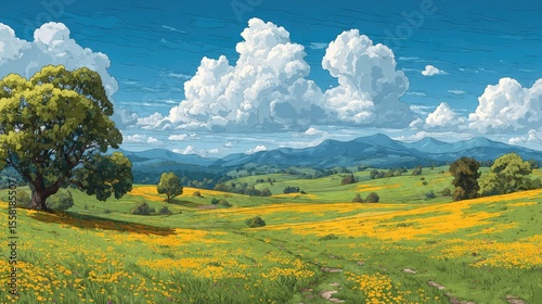 Serene Meadow Golden Flowers with Blue Sky, and and Distant Mountains.