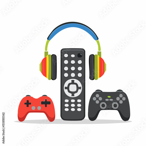 Simple vector illustration of TV remote, game controller, and headphones
