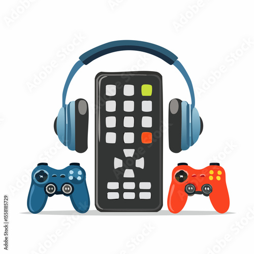 Simple vector illustration of TV remote, game controller, and headphones