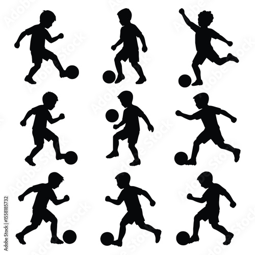 Collection of silhouettes of children playing soccer in various poses isolated on white background